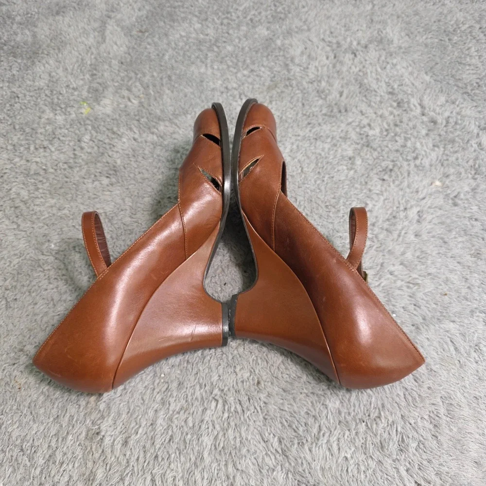 Gianni Bini Mary Jane Wedge Cognac Brown Leather Art Heels Womens 8.5M Excellent